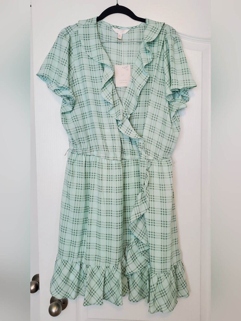 Lauren Conrad Light Green Plaid Mock Ruffle Wrap Dress XL - Picture 5 of 5